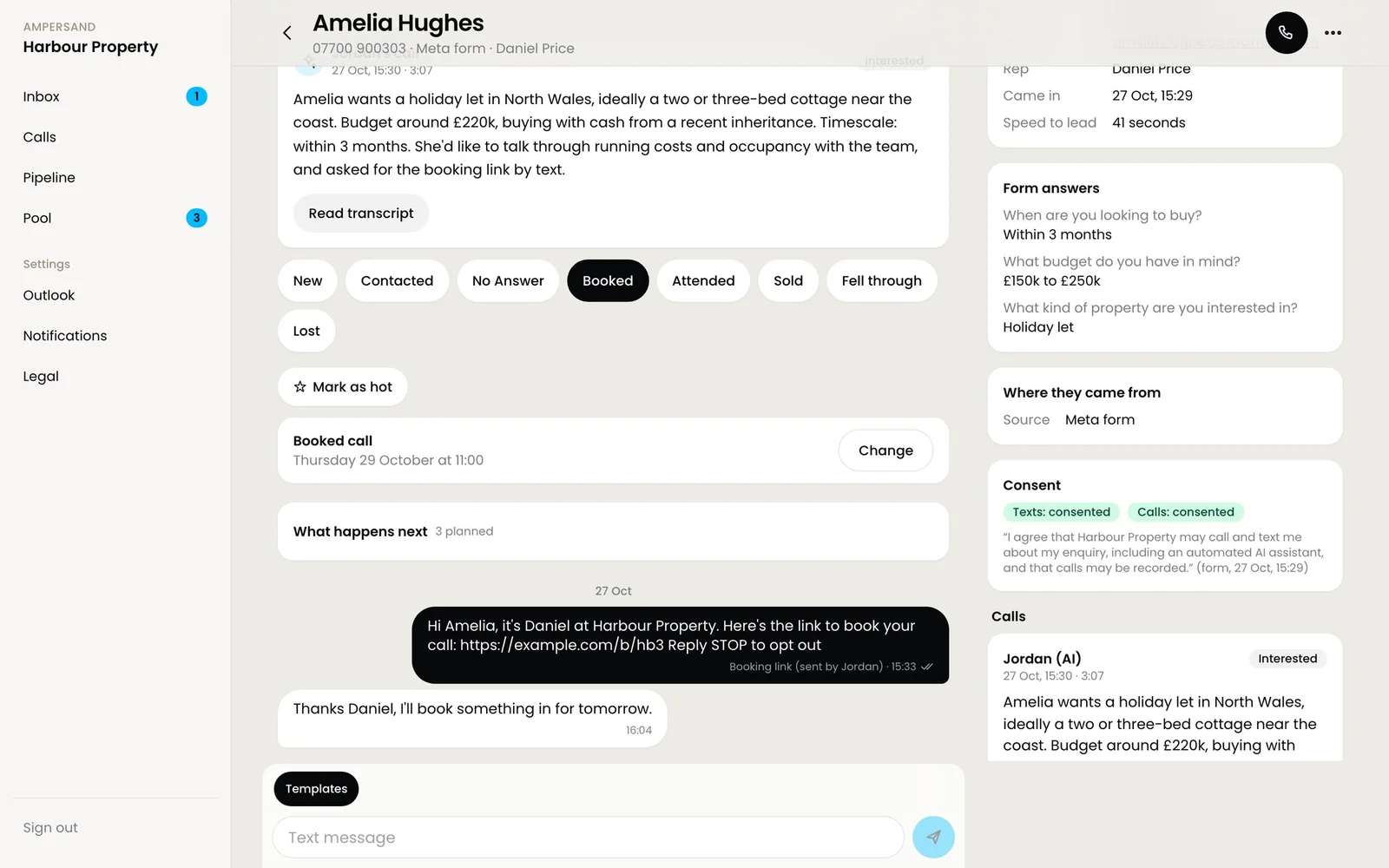 A lead's page on a computer: the AI call summary, stage chips, the booked call and the text conversation