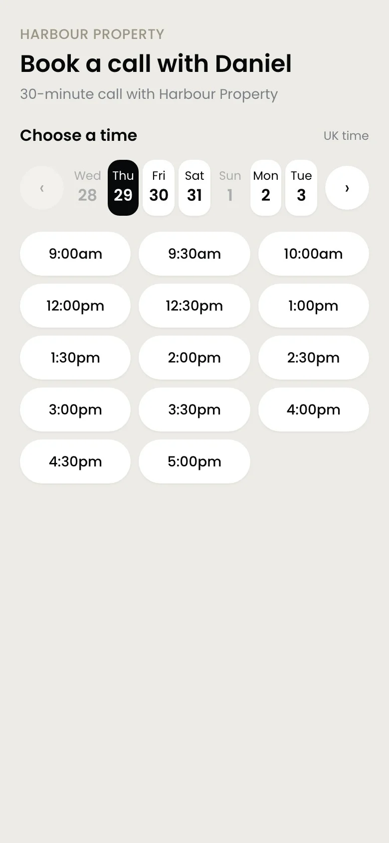 A booking page showing available times