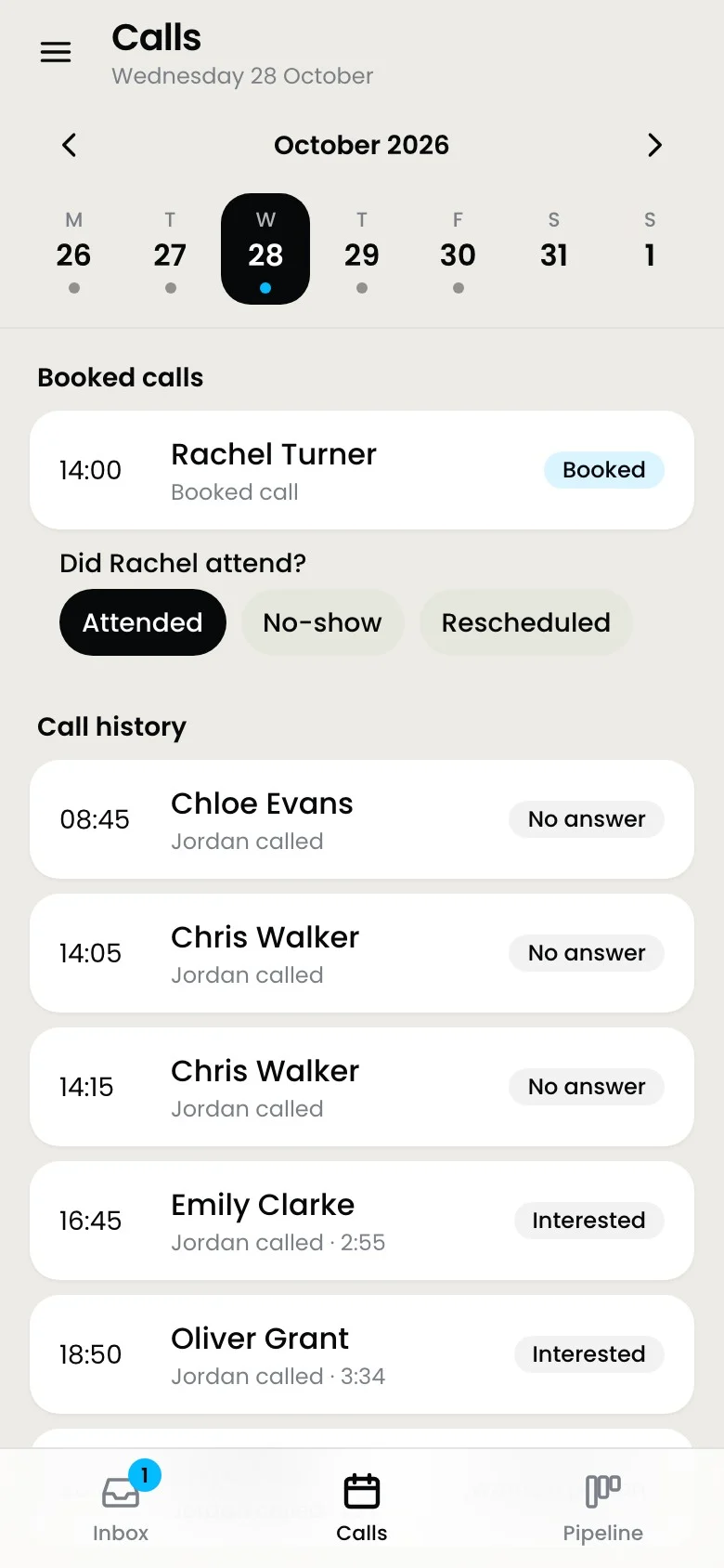 The Calls tab with booked calls and the AI call history