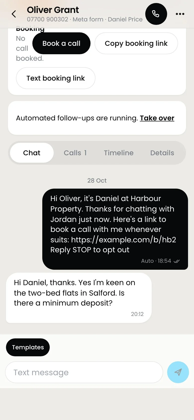 A text conversation with a lead, sent from the business number and signed by the sales person