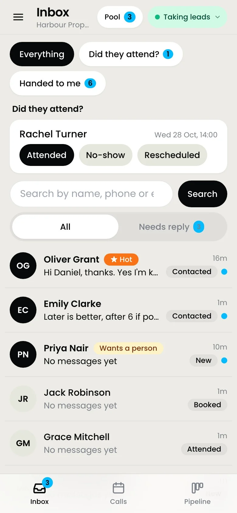 Ampersand Inbox on a phone, with leads marked Hot, Wants a person and Contacted