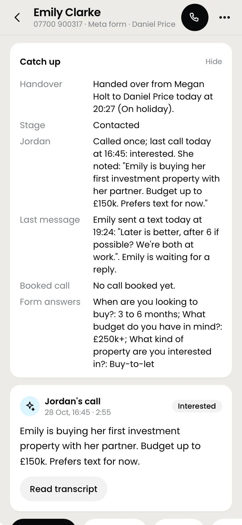 A lead's page with the Catch up card and the AI call summary