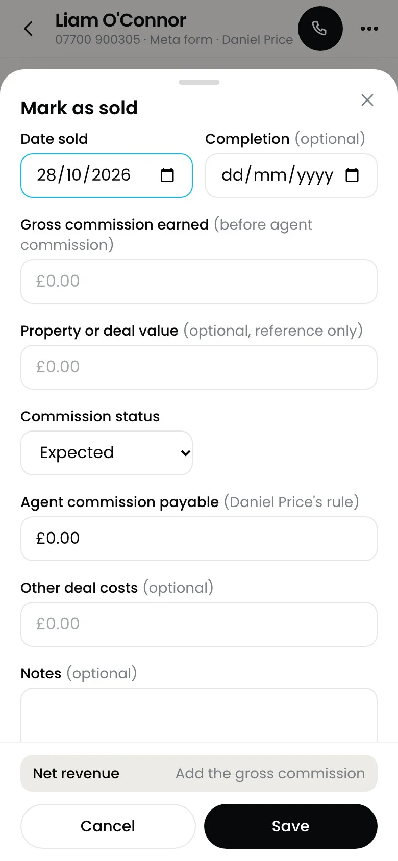 The Mark as sold form with date sold, commission and deal value