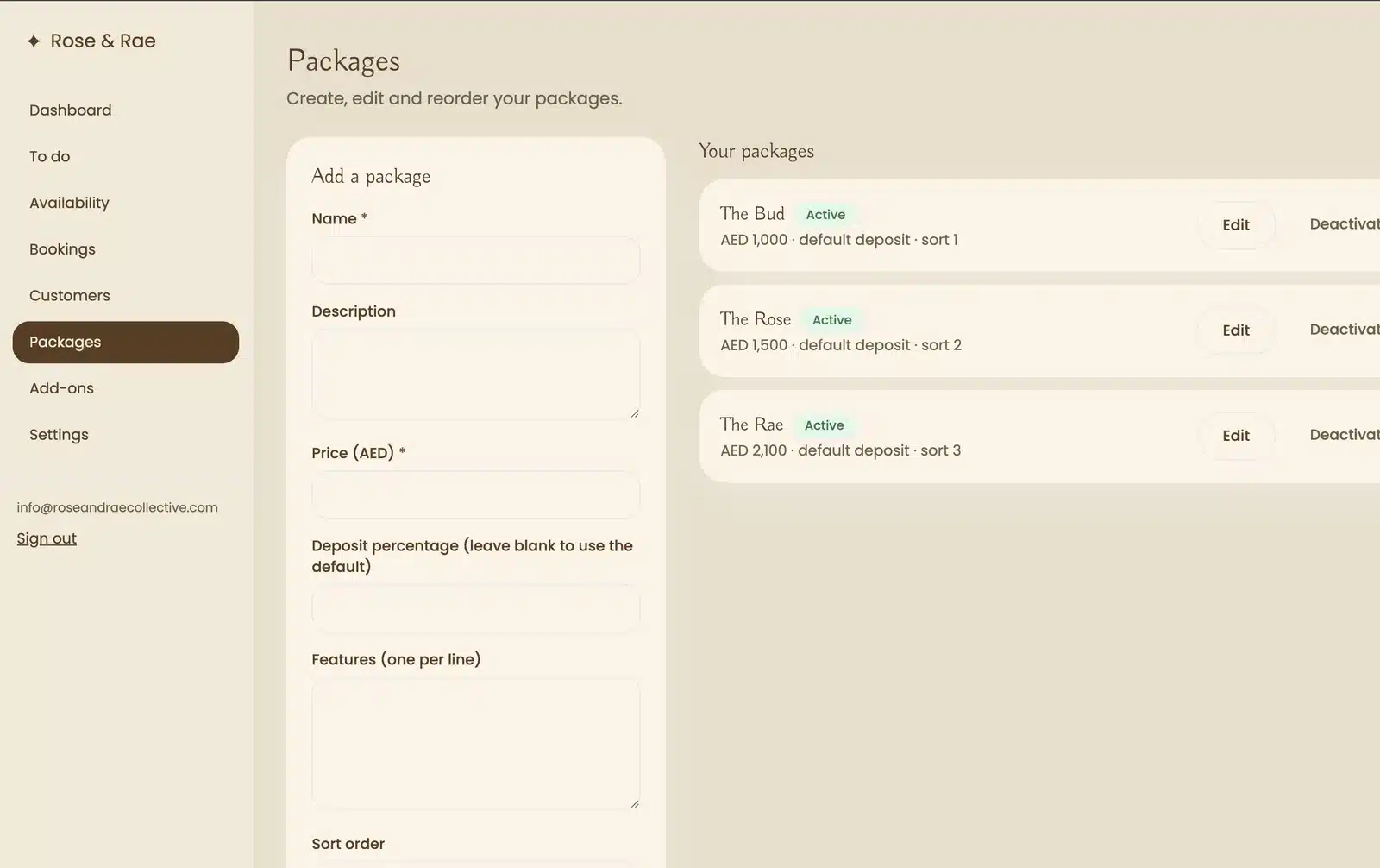 Rose & Rae Collective: Packages and deposits